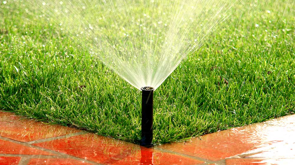 Home irrigation system watering green grass tested while preforming home inspection services